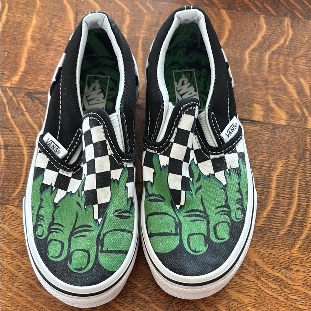 Vans Black and Green Checkered Slip-On Sneakers